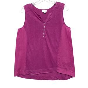 J Jill Love Linen Pink Sleeveless Henley Tank Top Womens PM Coastal Beach Summer
